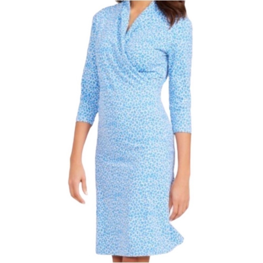 J. McLaughlin Blue Pink Cheetah Animal Print Faux Wrap Panama Dress Size XS